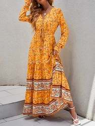 Long Dresses for Women Bohemia Floral Print V Neck Wrap Boho Dress Female Summer Long Sleeve Loose Beach Holiday Sundress