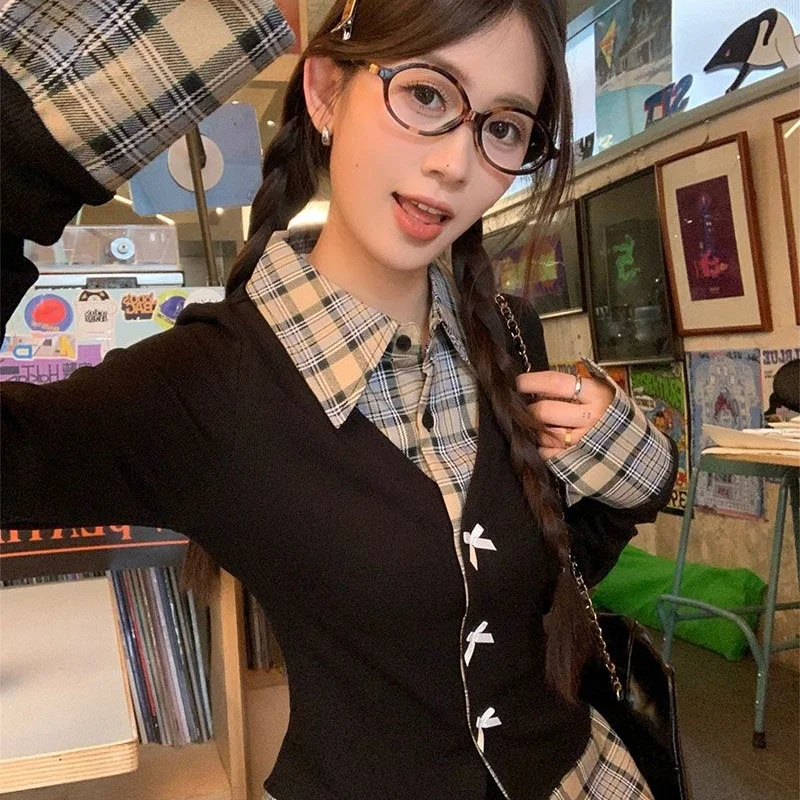 Women Fake Two-Piece Construction Plaid Color Block Splicing Cute Bow Decoration Sweet Style Long Sleeve Casual Blouse Top