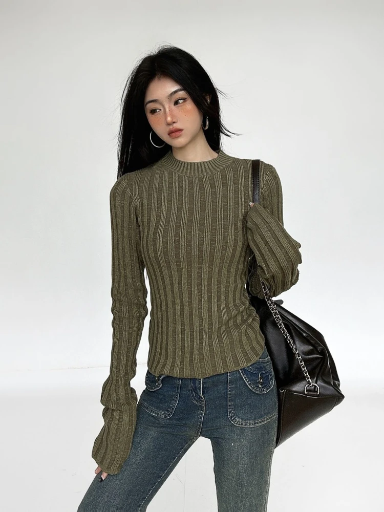 Women Y2k Aesthetic Slim Knitwear Sweet Sweaters 2024 Vintage Solid Streetwear Jumpers Screw Thread Grunge Harajuku Pullovers