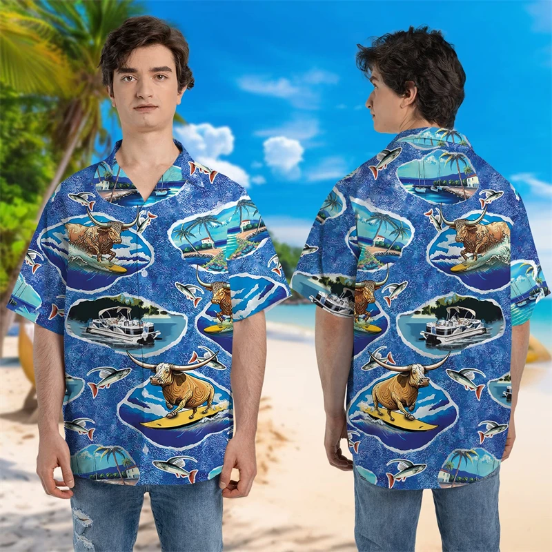 

Harajuku Fashion Hawaiian Cow Surfing 3D Printed Beach Shirts Casual Aloha Fish Graphic Short Sleeve Vacation Bison Blouses Tops