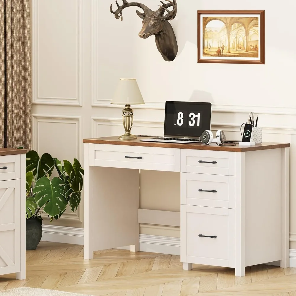 Farmhouse 47" Executive Desk, Computer Desk with File Drawer and Charging Station, Workstation for Home Office, Study.Unique