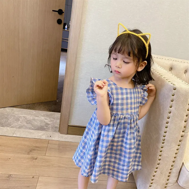 

Girls Skirt 2025 New Summer Childrens Clothing Korean Style Girls Baby Plaid Backless Princess Dress Casual Simple Daily