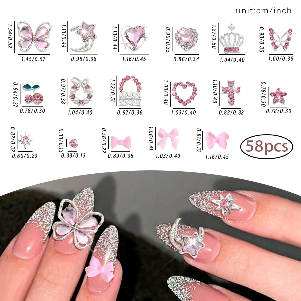58/60 pz Mix Rosa Strass Farfalla/Croce/Cheria/Cuore Strass Per Unghie Carino Arco In Resina Pendenti E Ciondoli Per Unghie di Lusso Pendenti E Ciondoli Per Unghie Decor
