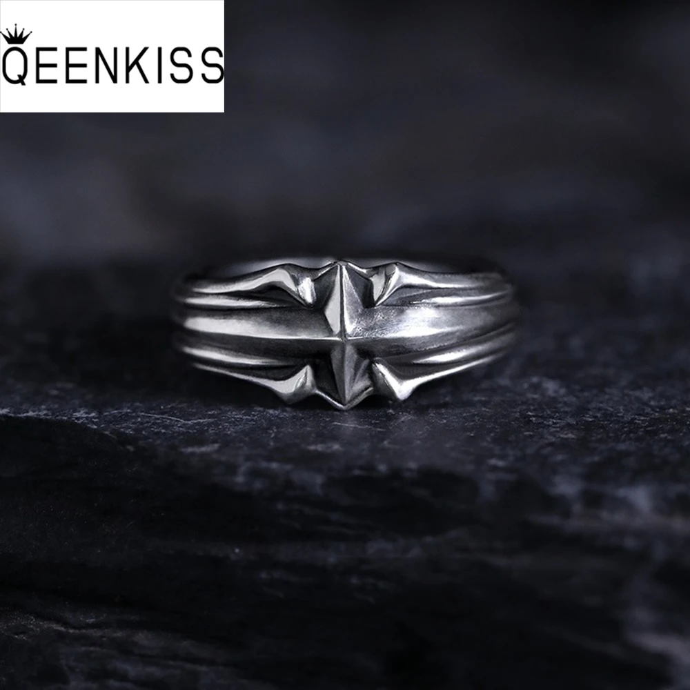 QEENKISS 925 Sterling Silver Vintage Star Open Rings for Women Men Birthday Wedding Party Christmas Father Girl Boy Gifts RG7154