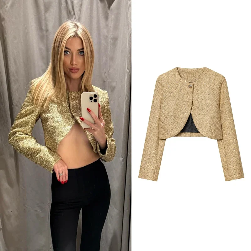 

Women's Short Jackets Coats Autumn Winter Fashion Metallic Colored O-Neck Long Sleeve Coats Female Outerwear Chic Tops