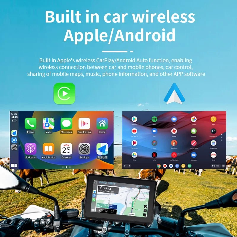 Carplay sans fil pour moto, écran tactile 7 ", Android Auto, connexion Bluetooth pour touristes, étanche IPX7 avec dispositif antivol