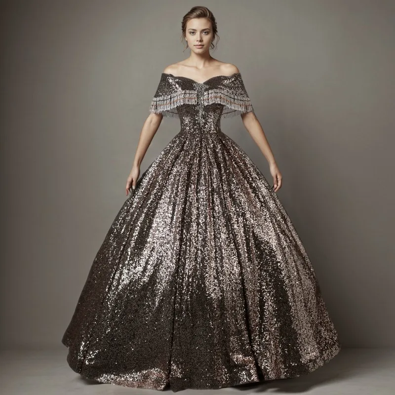 Czarne Złoto Suknie Wieczorowe z Odkrytymi Ramionami Damskie Błyszczące Cekiny Frędzle Sukienka na Imprezę 2026 Nowa Sukienka na Zamówienie na Formalne Okazje
