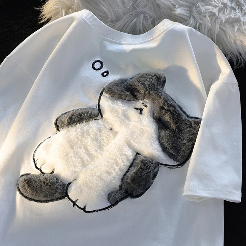 2024 Summer New Cartoon Cat Women's T-shirt Korean Simple Casual Women's Short Sleeve T-shirt Fun Sweet Cute Y2K Tops