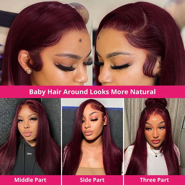 Wow Angel 99J Burgundy Pre-Plucked 13x6 HD Lace Front Human Hair Wigs for Women Straight Red Colored Skinlike HD Lace Front Wigs