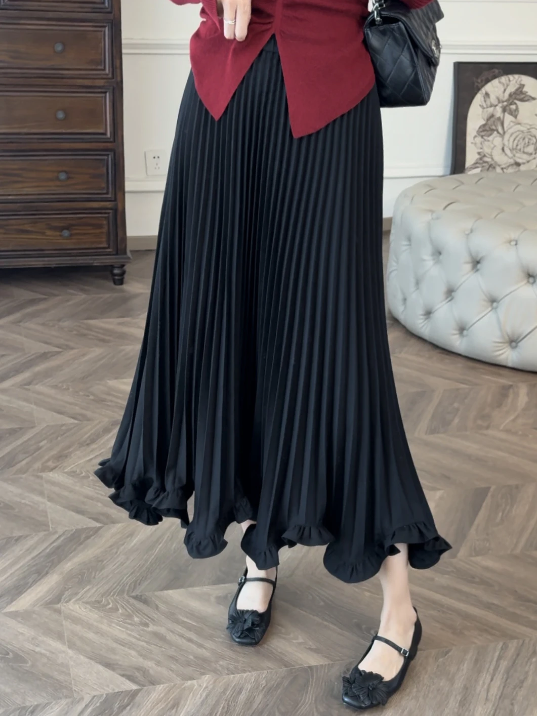 

Юбка-трапеция плиссированная Zhang ei Spring 26 Bla с высокой талией, длиной макси, с оборками в виде лотоса, несминаемая, с цветочным узором