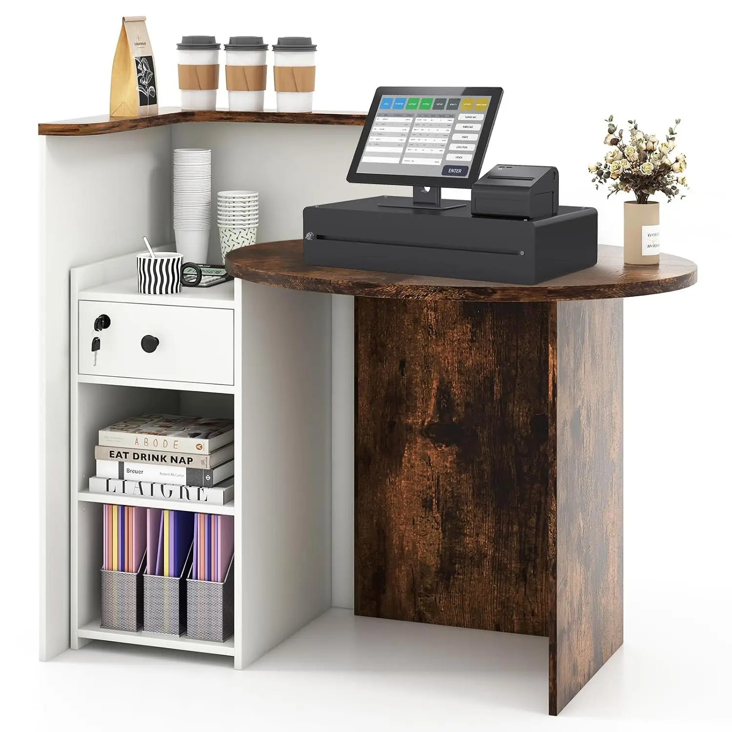 Reception Desk, Front Counter Desk with Lockable Drawer, Checkout Table with Round Tabletop, Corner Shelf & Adjustable Shelf