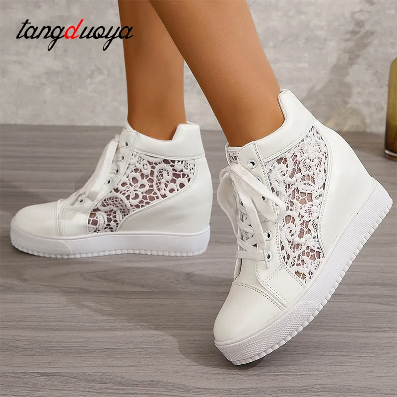 Women Wedge Platform Sneakers Lace Leather High heels Lace Up Shoes Pointed Toe Height Increasing Shoes White Casual shoes