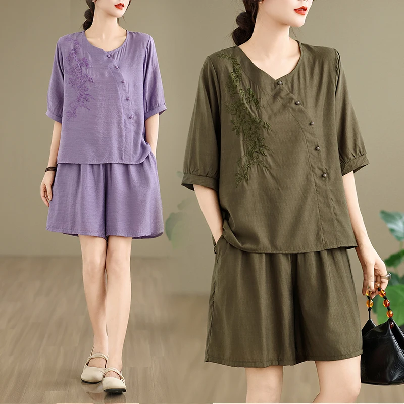 

Летний модный женский комплект из шелкового льна больших размеров, повседневный топ с вышивкой, свободный комплект из двух предметов, цвет V Ne Svel