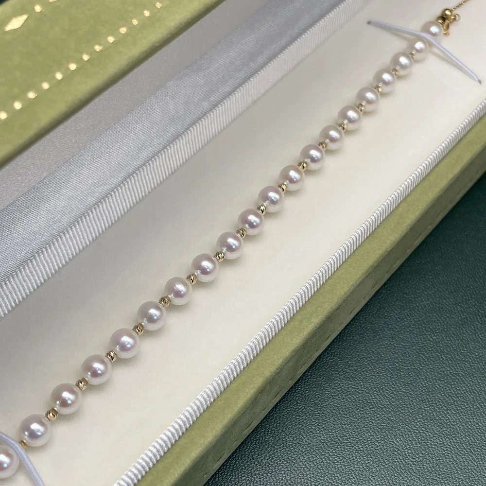 Simple 5-6mm Freshwater Akoya Real Pearl Bracelet with 18K Gold Beads Adjustable Tail Chain and Excellent Hand-wearing Eeffect