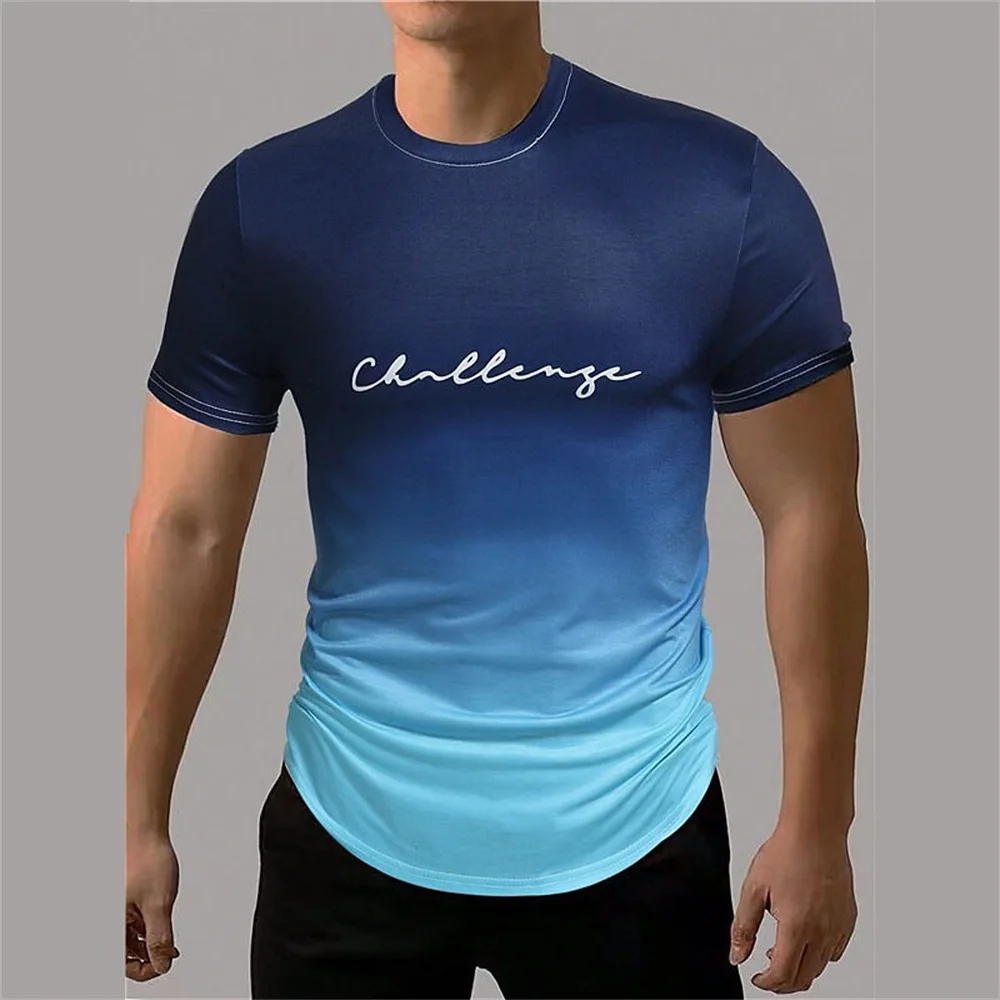 Men's Muscle Short-sleeved Sports T-shirt 3D Printing Outdoor T-shirt Loose And Gradual Change Of Color Fitness Breathable On Sp