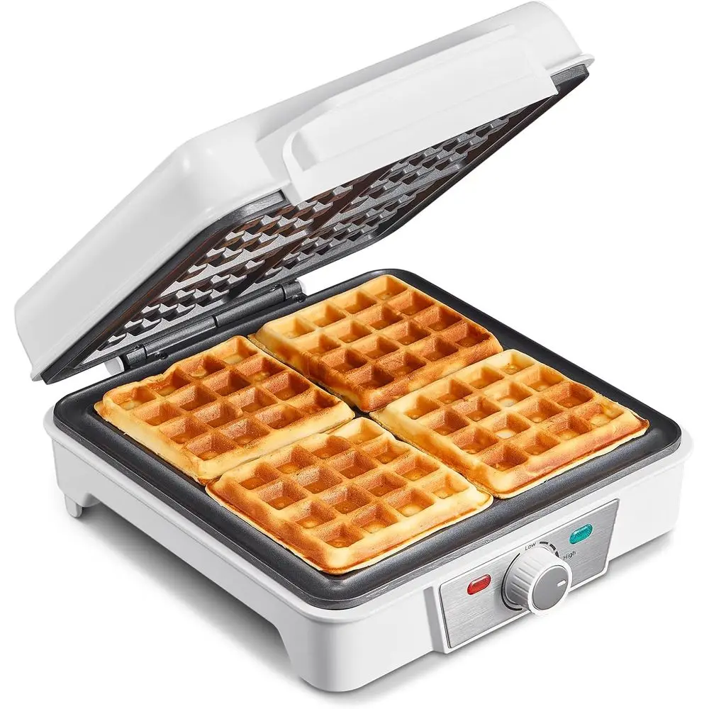 

Вафельница на 4 порции, мощность 1200 Вт, конструкция с защитой от проливания, антипригарные пластины, индикаторы, серебристый/черный цвет