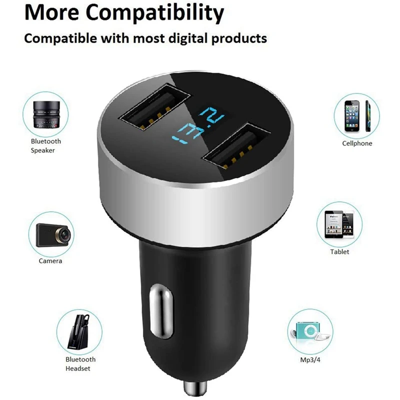 3X Dual USB Car Charger, 4.8A Output Car Adapter, Cigarette-Lighter Voltage Meter For Iphone,Ipad,Samsung,LG, Etc,Silver