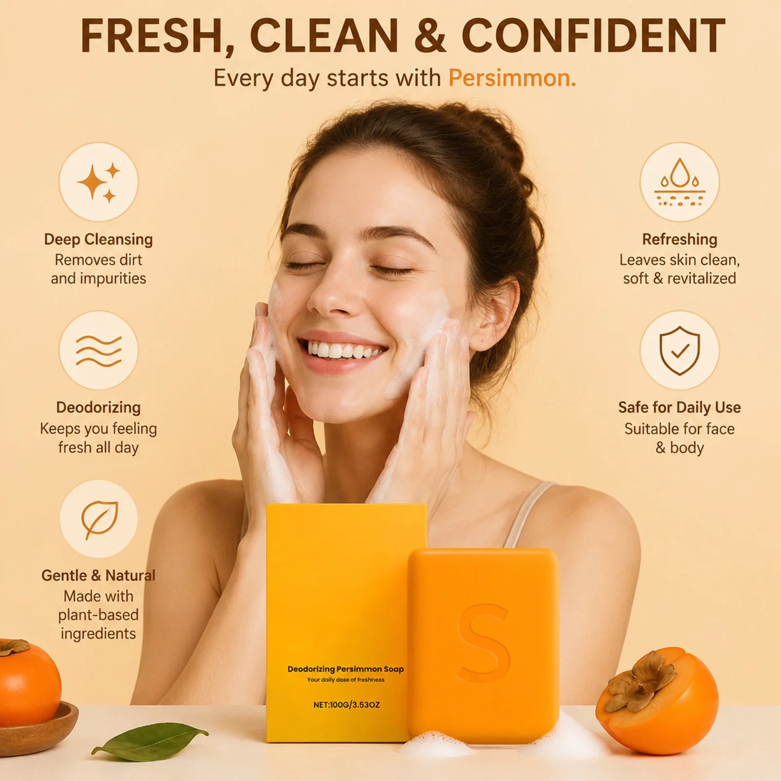1/3PCS 100g Persimmon Deodorant Body Soap Green Tea Oil Gentle Cleansing Moisturizing Odor Control Daily Bath Shower Bar