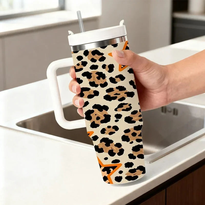 Playful Leopard Print Star Pattern 40Oz Stainless Steel Insulated Tumbler, Beige Base with Black Brown Spots And Orange Bordered Star Motifs, Digital Printed Beverage Holder for Daily Drinks, Road Trips And Office Use