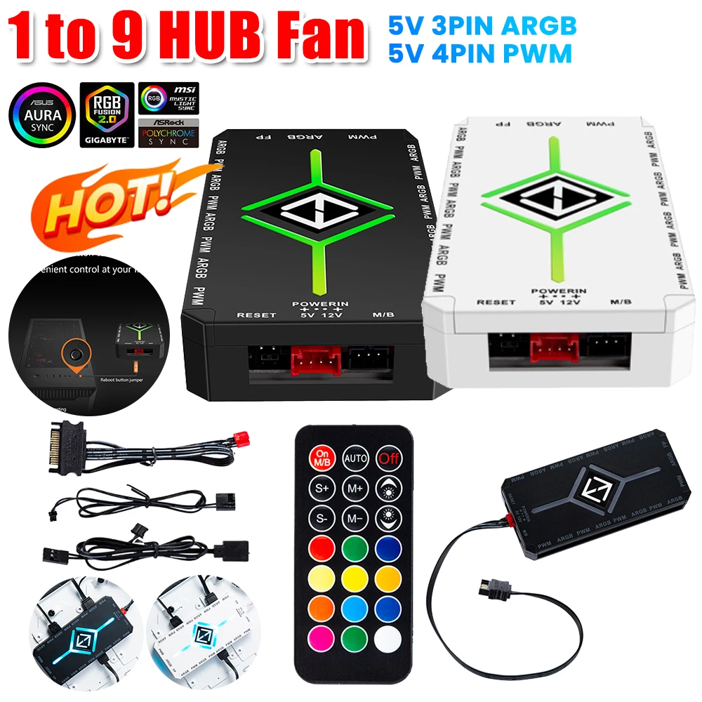 1 To 9 3 in 1 5V 3 Pin ARGB Controller Cooling Fan Hub w/ Remote 4 Pin PWM Magnetic Suction Hub SATA Powered for PC Case