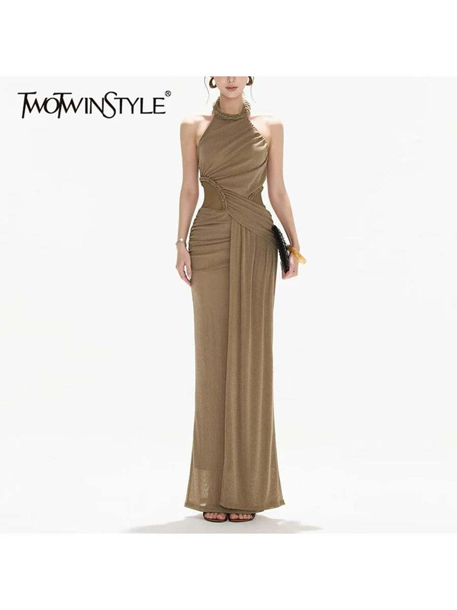 TWOTWINSTYLE Braided Spliced Sheer Slimming Dress for Women Halter Collar Sleeveless Patchwork Zipper Ruched Maxi Dresses Female