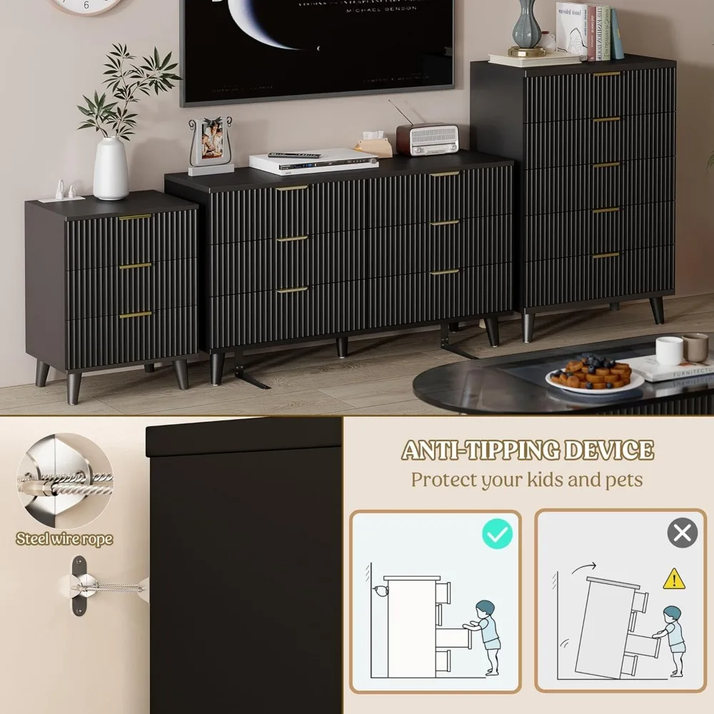 ตู้ลิ้นชักไม้ 6 ชั้น ลายร่องทันสมัย สำหรับห้องนอนและชั้นวางทีวี กว้าง 53.2 นิ้ว