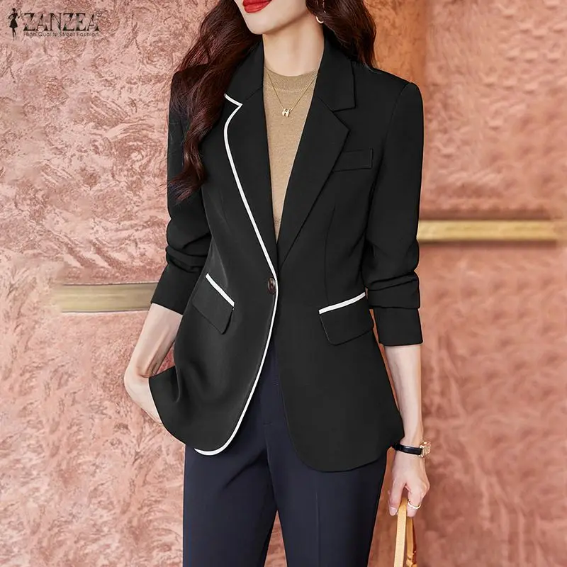 

Women's Elegant Chic Blazer Lapel Neck Long Sleeve Single Button Commuting Suit Jackets ZANZEA Contrast-Trim Casual Thin Coats