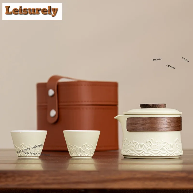 Sea Wave Travel Tea Set Kit Ancient Teapot And Cup Set 1 Pot 2 Cups Tea Maker Organizer Portable Camping Tote Bag Accessories