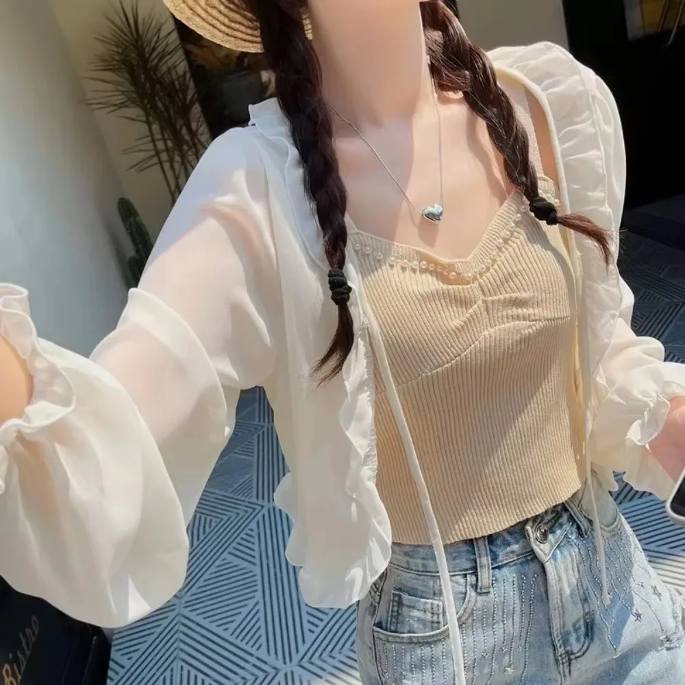 الصيف تكدرت شال بلون الشيفون المرأة طويلة الأكمام رقيقة Y2K معطف كيب بوليرو ملابس الصيف عباءة تتغاضى عن عطلة #2