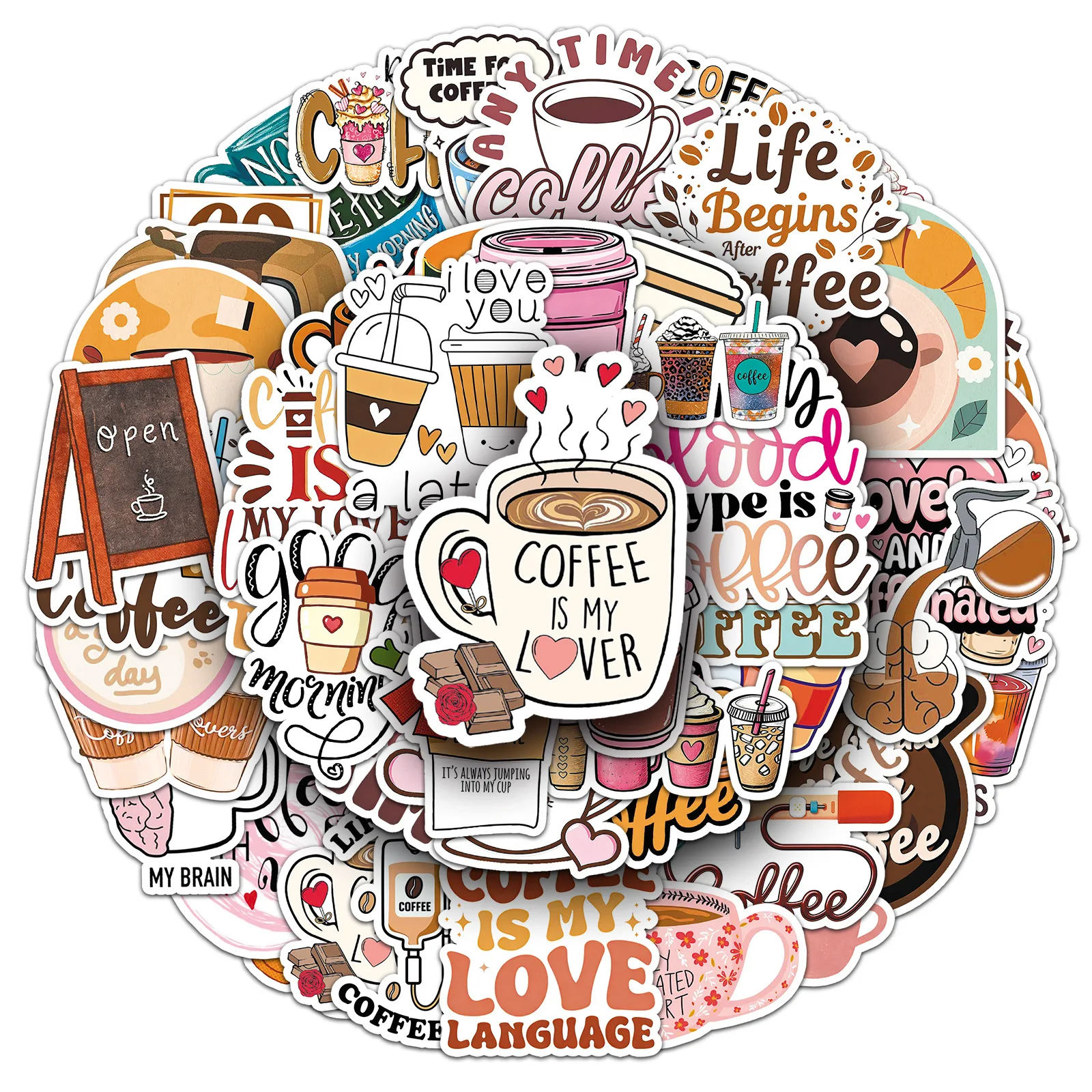 

10/50PCS Coffee Graffiti Sticker English Decal Personalized Cartoon Creative Decoration Thermos Cup Mobile Phone Case Diary