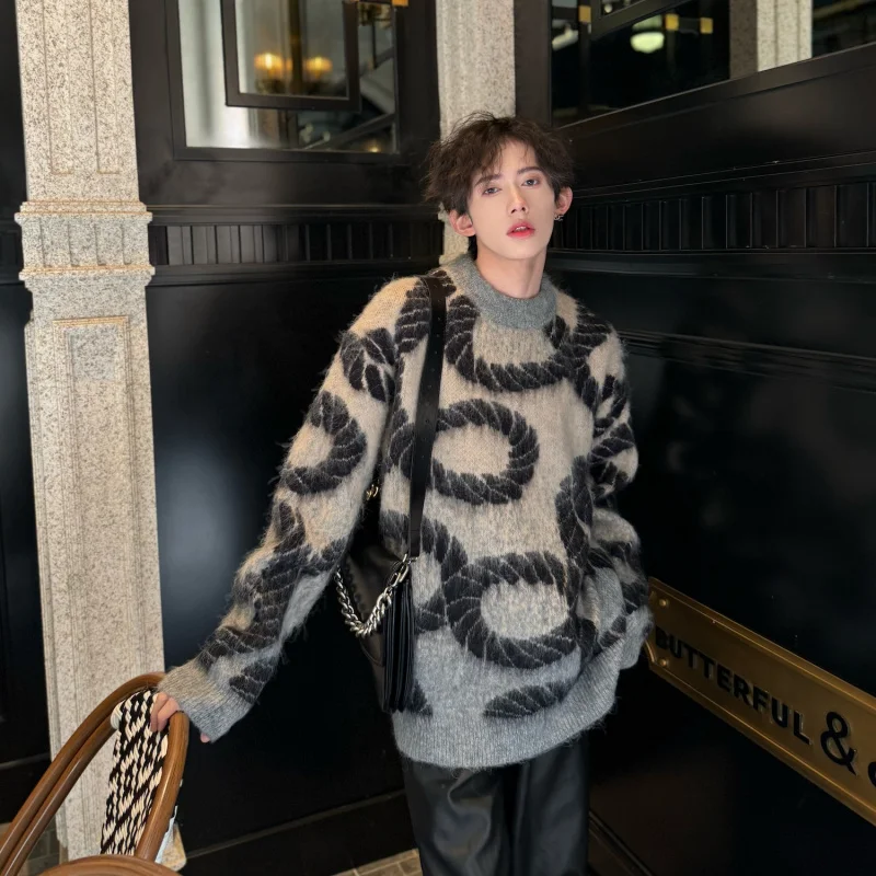 

Мужской вязаный свитер на зиму, утепленный, свободного кроя, с круглым вырезом, длинными рукавами, повседневный, модный, в американском стиле