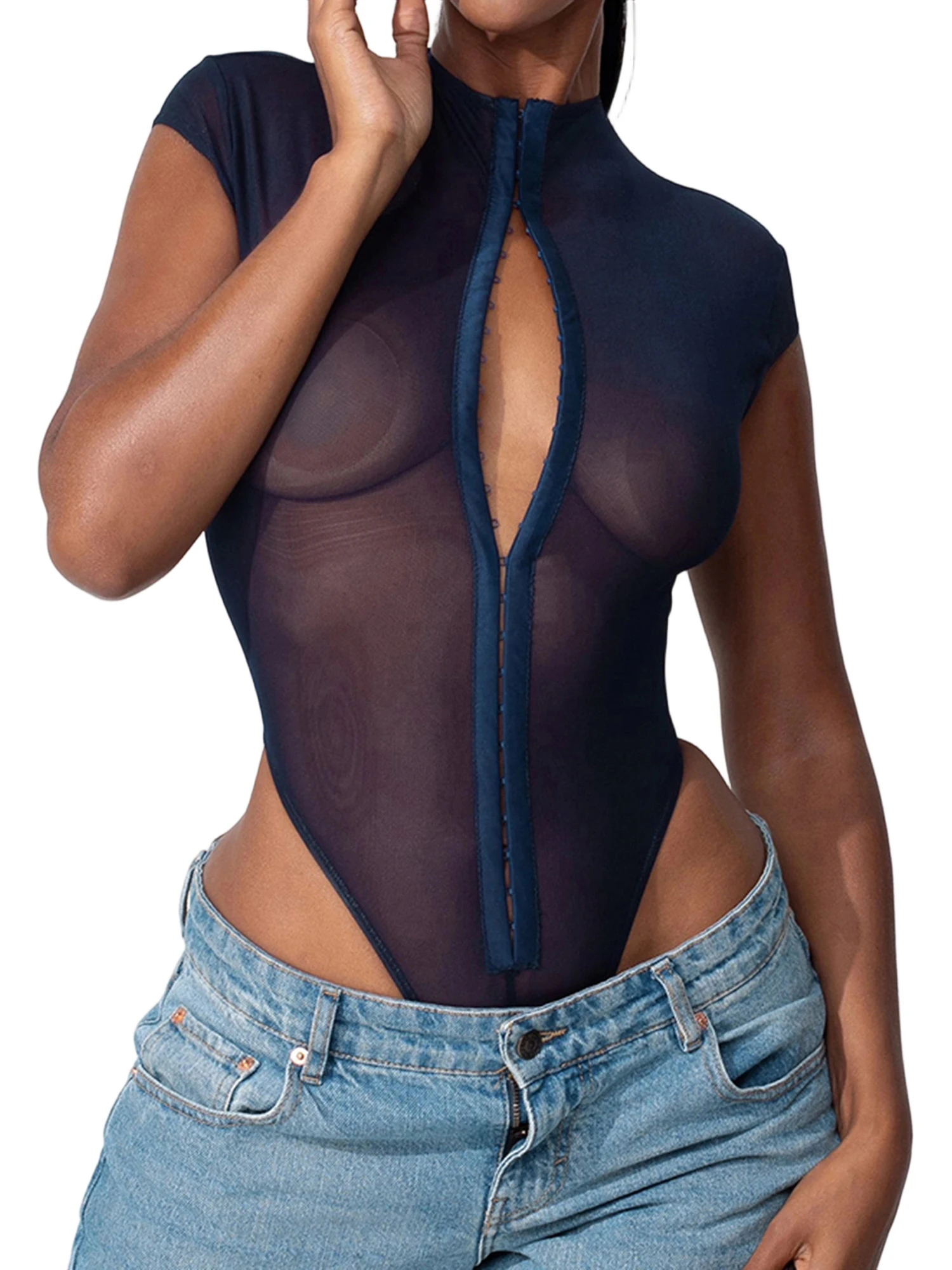 

Women’s Sheer Mesh Bodysuit Cap Sleeve Crew Neck Solid Color Leotard Tops High Cut Playsuit