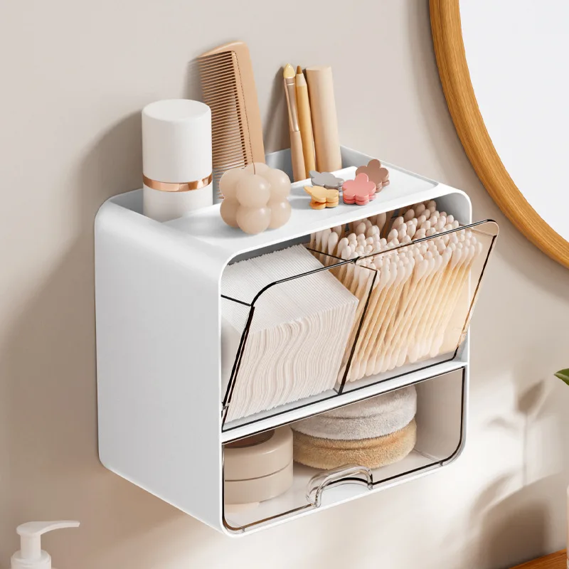 

Modern No - Drill Makeup Wall Organizer. Holds lipsticks, has mirror & swab box. Tidy, space - saving.