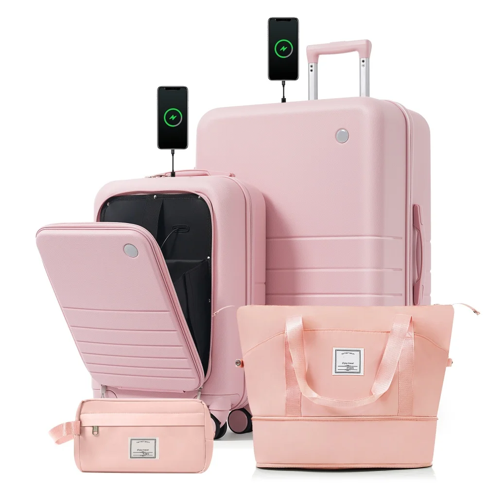 4-Piece Luggage Set with USB Charging Ports - 20in Carry-On (Front-Opening for Laptop) 28in Checked Suitcase with TSA Lock Travel Duffel Bag Wet-Dry Toiletry Bag,