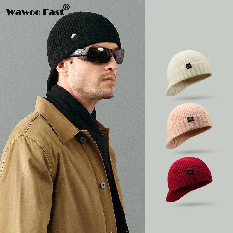 Men\'s Winter Baseball Cap Solid Color Kintted Beanies Damp Woolen Hat Men\'s Warm Cold Hat Casual Hiphop Skuilles Cap for Male