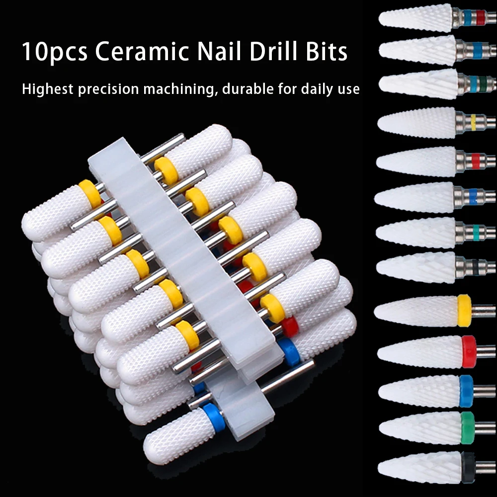 10 sztuk zestaw wierteł do paznokci ceramicznych frez do elektrycznego Manicure Bit płomień pilniki kukurydziane Pedicure maszyna polski akcesoria