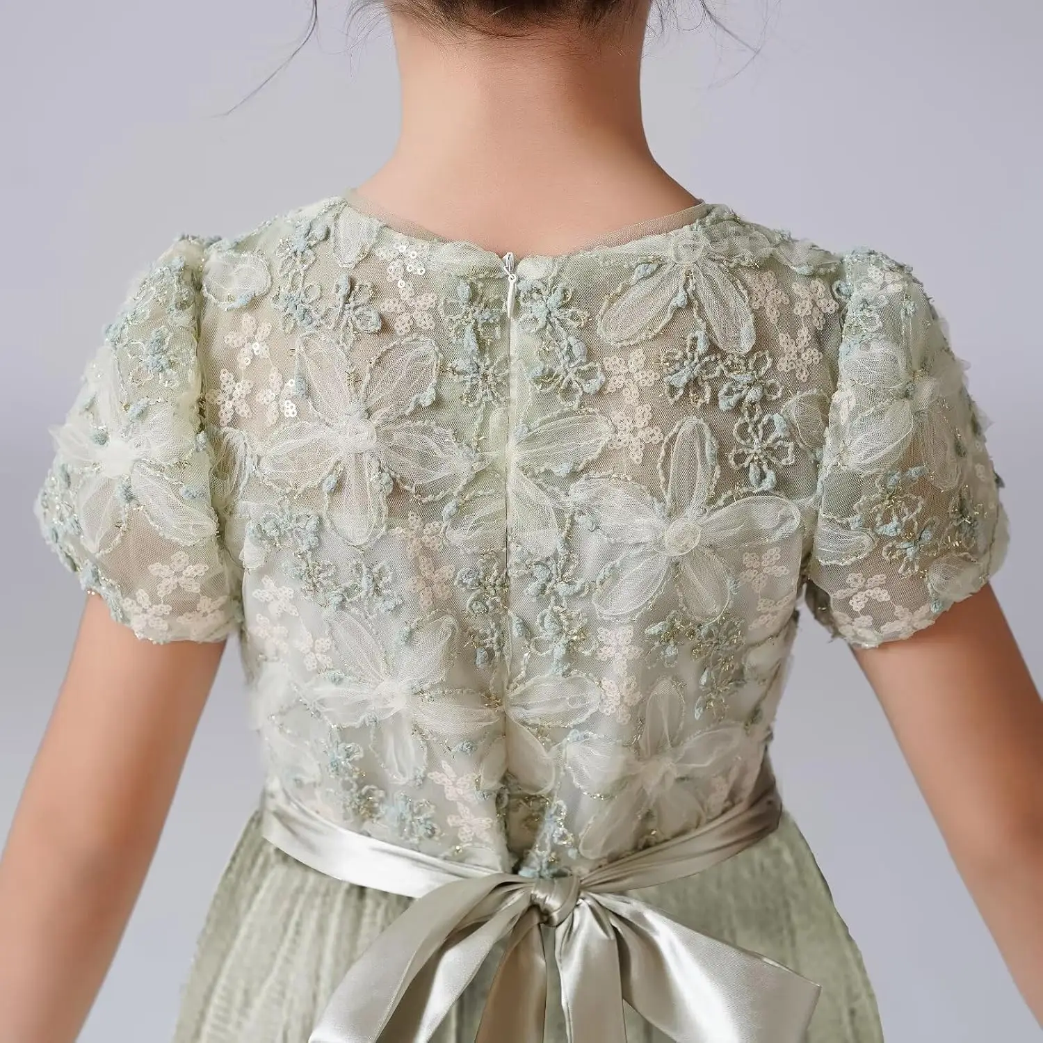 Vestido floral para meninas, bordado 3d, renda, apliques, tule, cetim, laço, cintura alta, maxi vestido de festa, vestido de noite