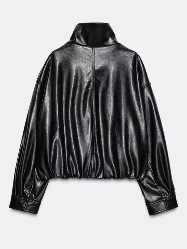 Winter 2025 Neuerscheinung Damen Hochkragen Lange Ärmel Kunstleder-Jacke Lässiger Oversize-Schnitt Reißverschluss Farbiger Mantel