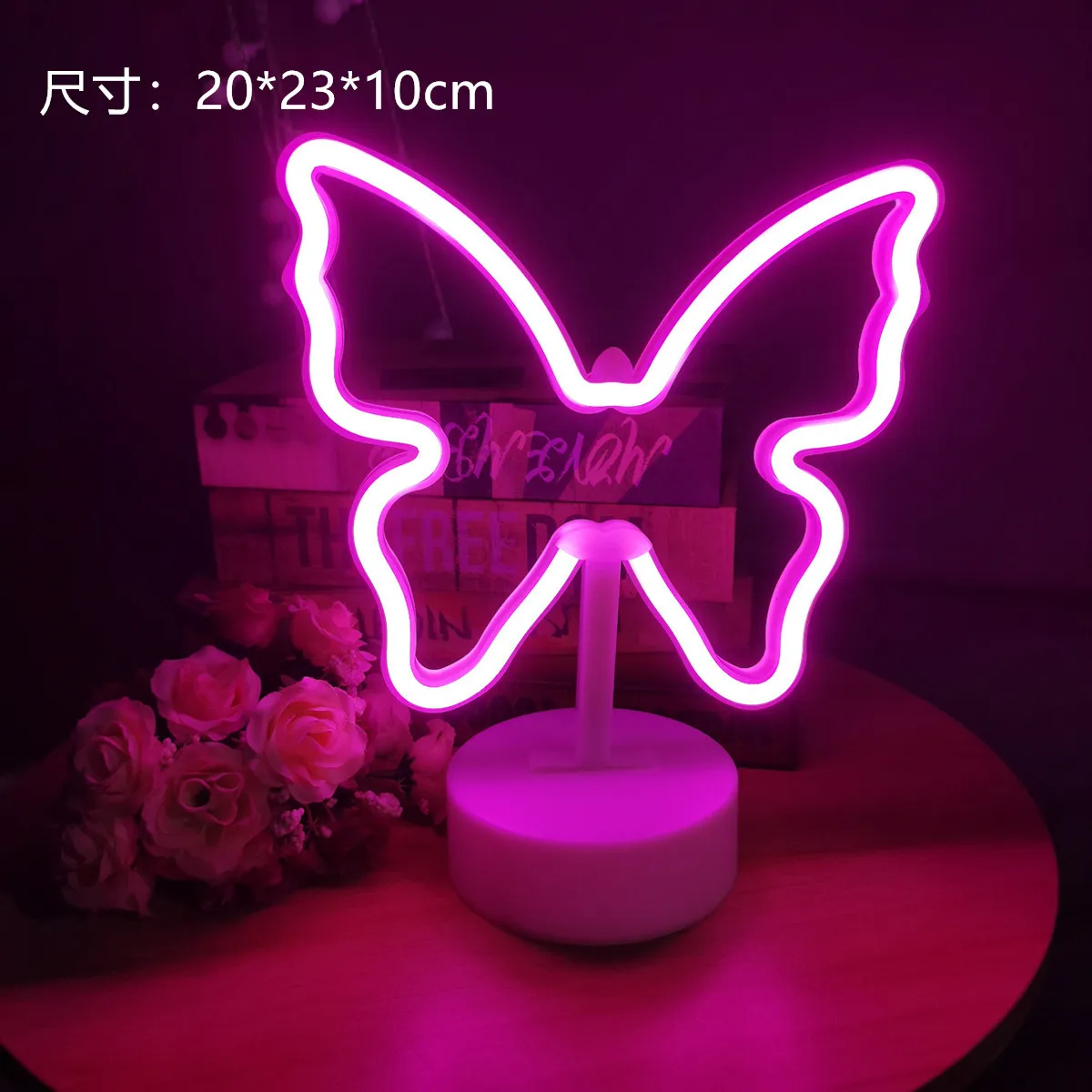 Tiki ผีเสื้อป้ายนีออนไฟ LED แบตเตอรี่/USB ขับเคลื่อนโคมไฟนีออนสีชมพูพร้อมฐานผู้ถือตาราง Nightlight Decor 401