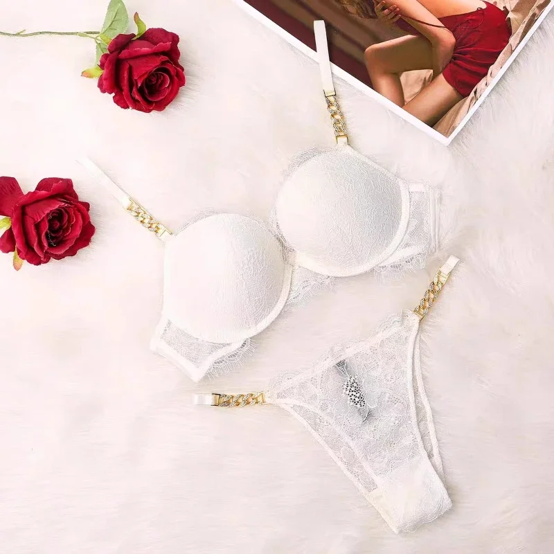 Female Push Up Underwear Sexy Lace Padded Brassiere Fashion Rhinestone Lingerie Wedding Underwire Bra and Thong Sets for Women