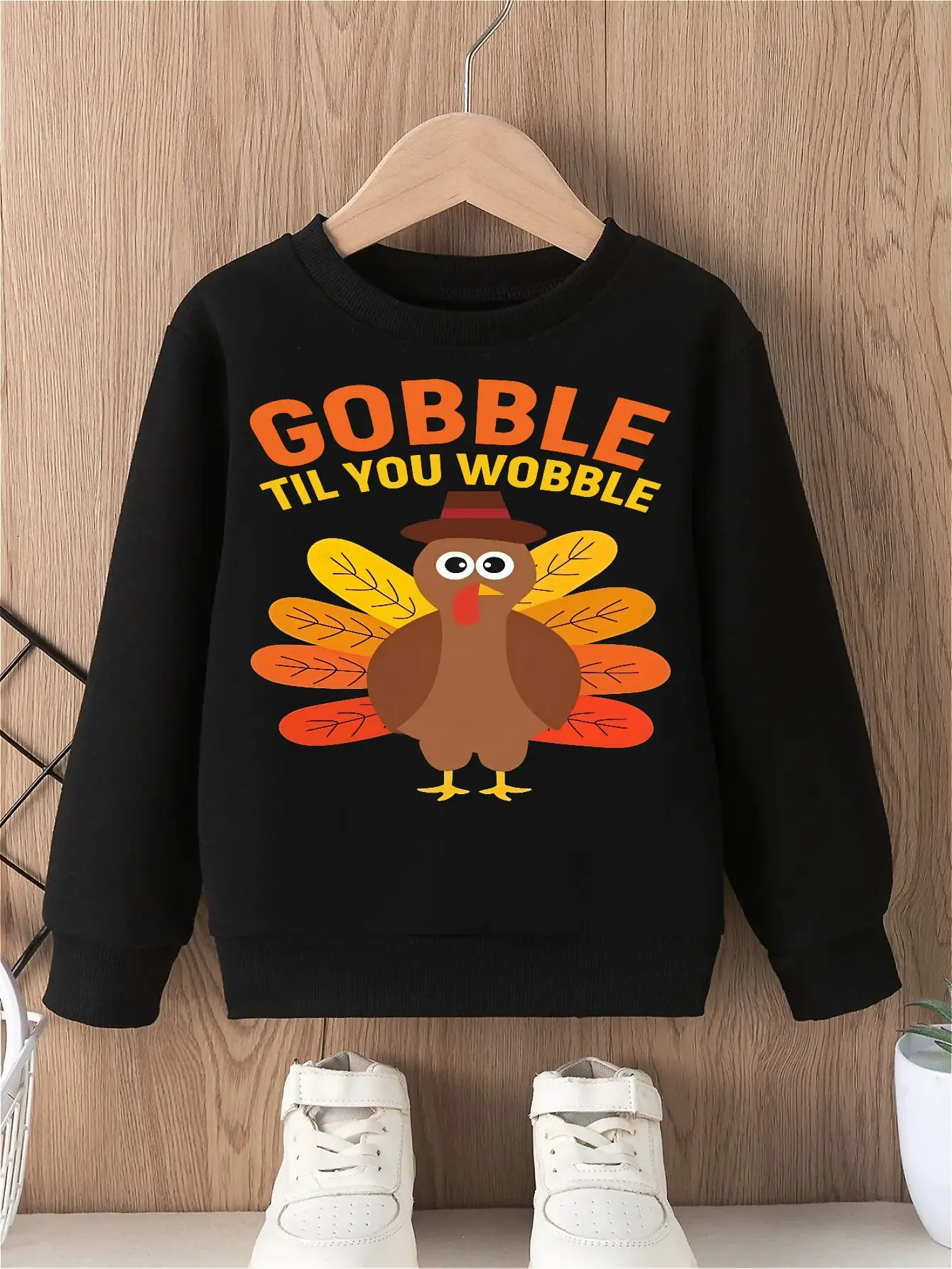 

Толстовка без капюшона для мальчиков с мультяшным принтом на День Благодарения, коричневый корпус, удобный топ с круглым вырезом и перьями с градиентом