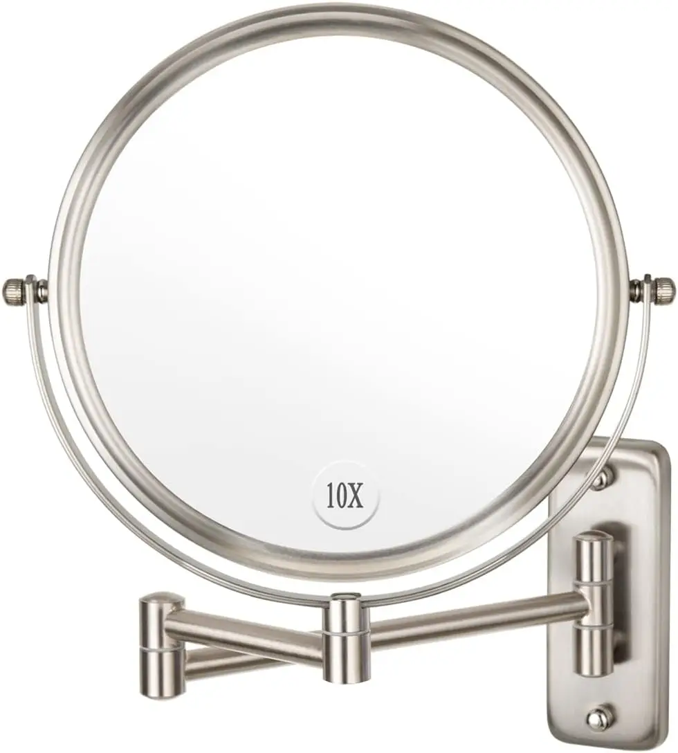 Wall Mounted Makeup Mirror - 10x Magnification 8'' Two-Sided Swivel Extendable Bathroom Mirror Nickel Finish