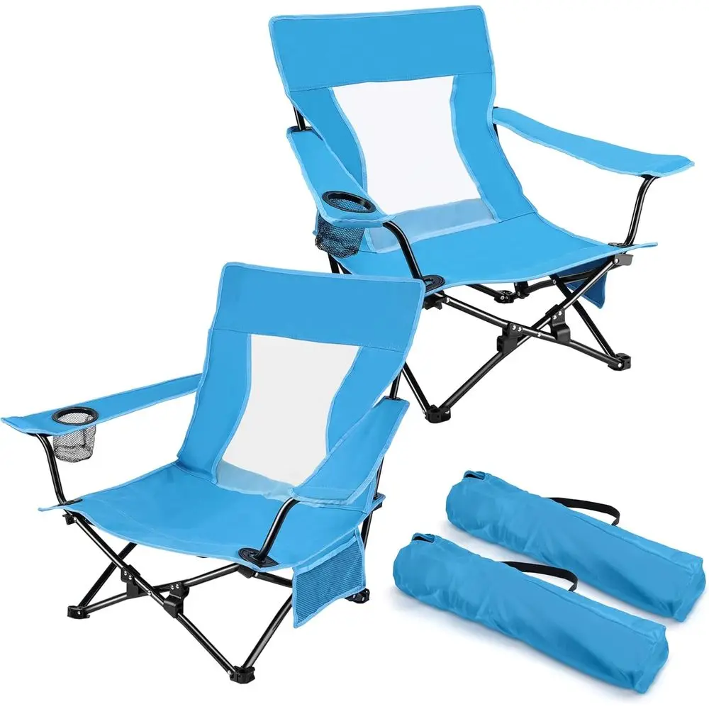 

Double Pack Heavy-Duty Outdoor Beach Lawn Chairs with Cup Holder, Storage Pocket, and Carry Bag, Blue