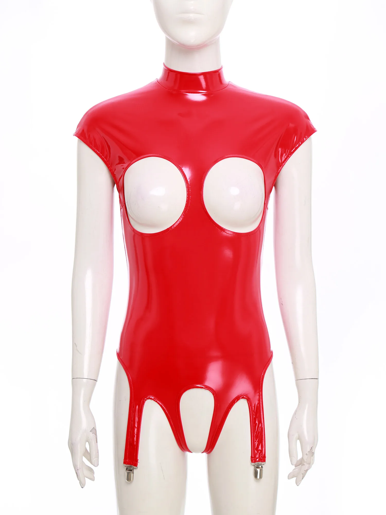 

Sexy Women Wet Look Open Chest Bodysuit Latex Catsuit with Garters Clips PU Leather Crotchless Jumpsuit Nightclub Rave Clubwear