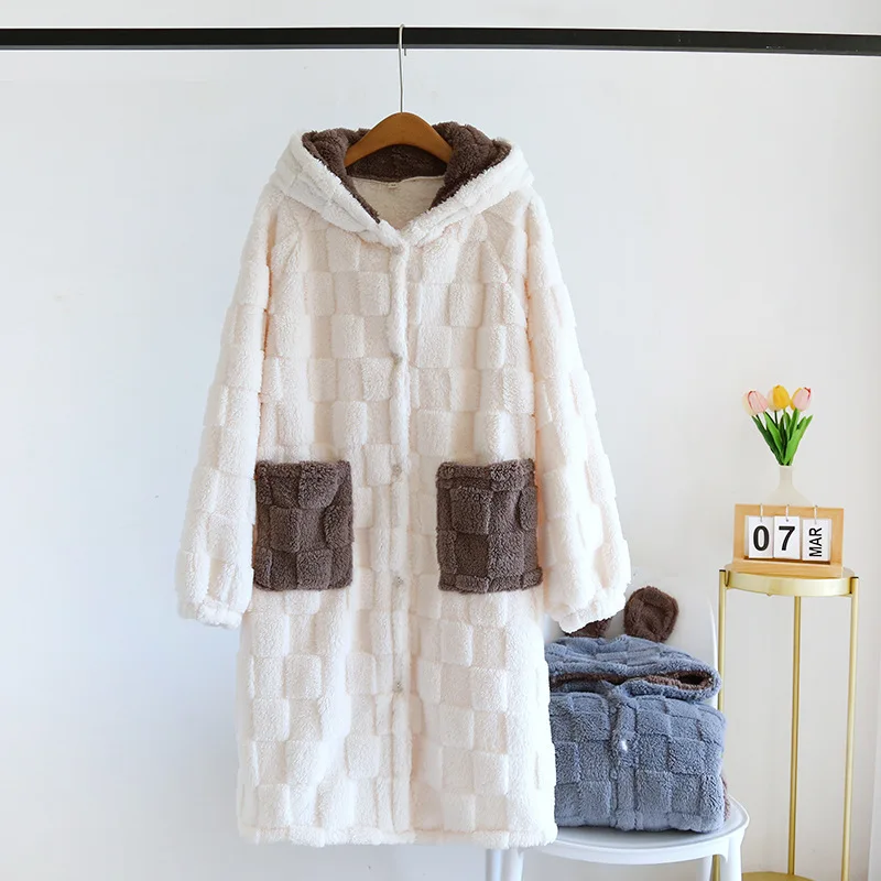 Coral Velvet Couple Robe Pajamas Women Winter Sleepwear Long Nightgown Dresses Loungwear Thickened Flannel Hooded Plush Homewear