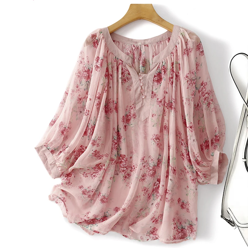 

Loose Floral Print Shirt Women's Summer New Style Lantern Sleeve Style Cotton Casual Shirt Middle Length Sleeve Design