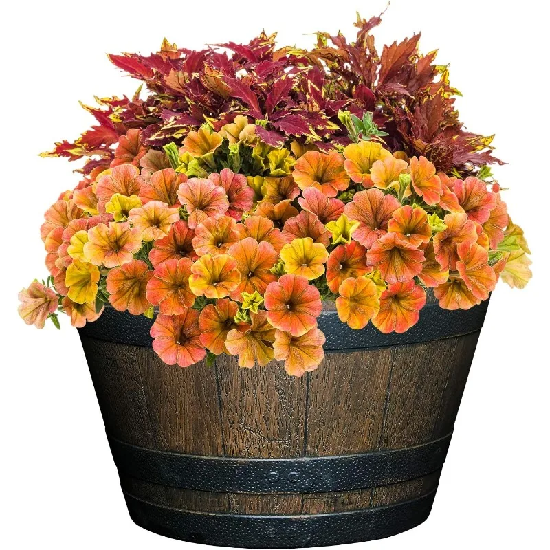 Whiskey Plastic Resin Flower Pot Barrel Planter, Walnut Brown, 20.5