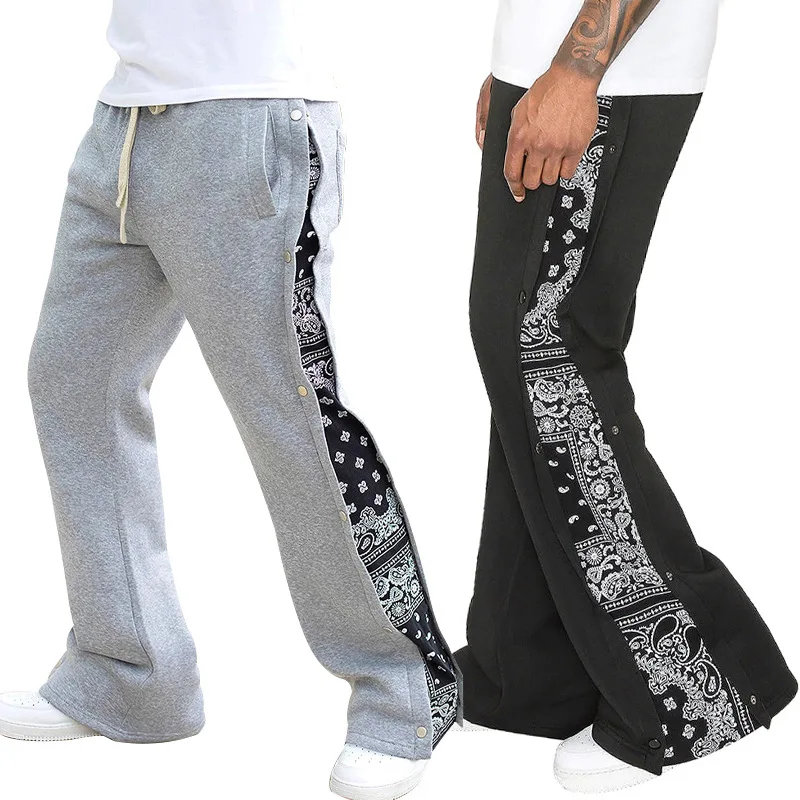 Spring Summer Men High Street Double Line Hip Hop Side Button Pants Loose West Coast Paisley Print Wide Leg Sweatpants Man