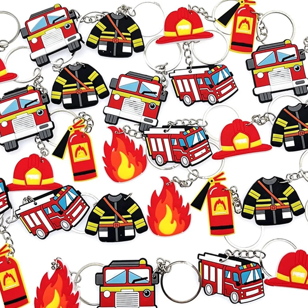 18/24/30pcs Firefighter Keychain Fire Truck Fireman Helmet Flame Silicone Keyring Boys Rescue Theme Birthday Party Favors Gifts view 6