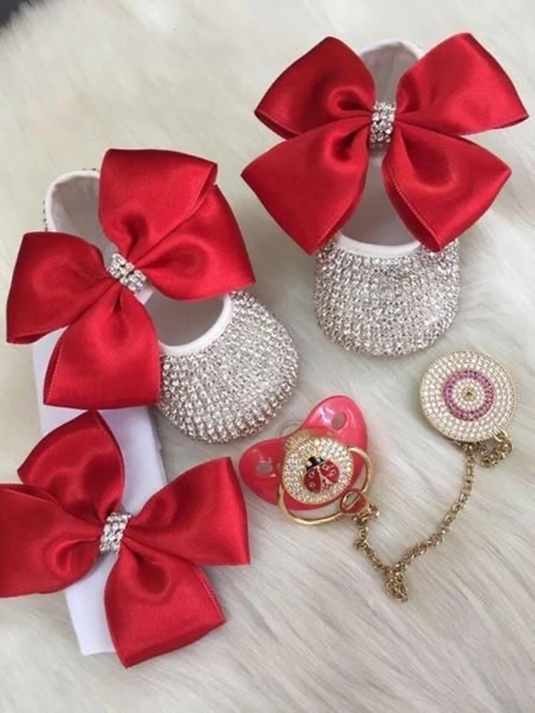 

Dollbling Red Baby Girl Christmas Rhinestone Crib Shoes and Headband Gift set Newborn Gender Reveal Shoes My 1st Pair Shoes